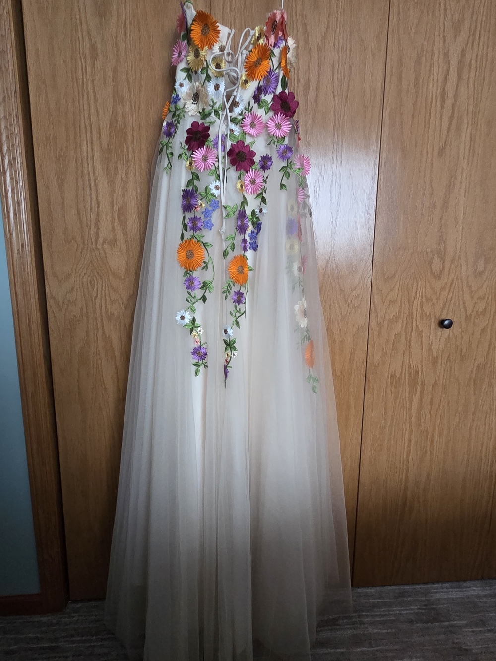Womens Floral Appliqué Tulle Gown - Pink & Multicolor - Picture 2 of 10
